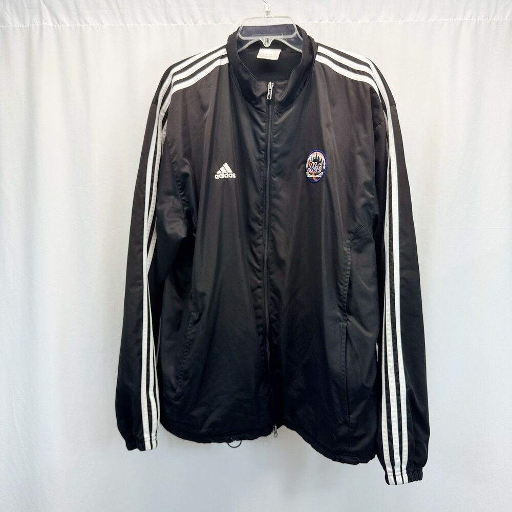 New York Mets Adidas Jacket Mens Large Black Full Zip Y2K MLB Windbreaker Stripe